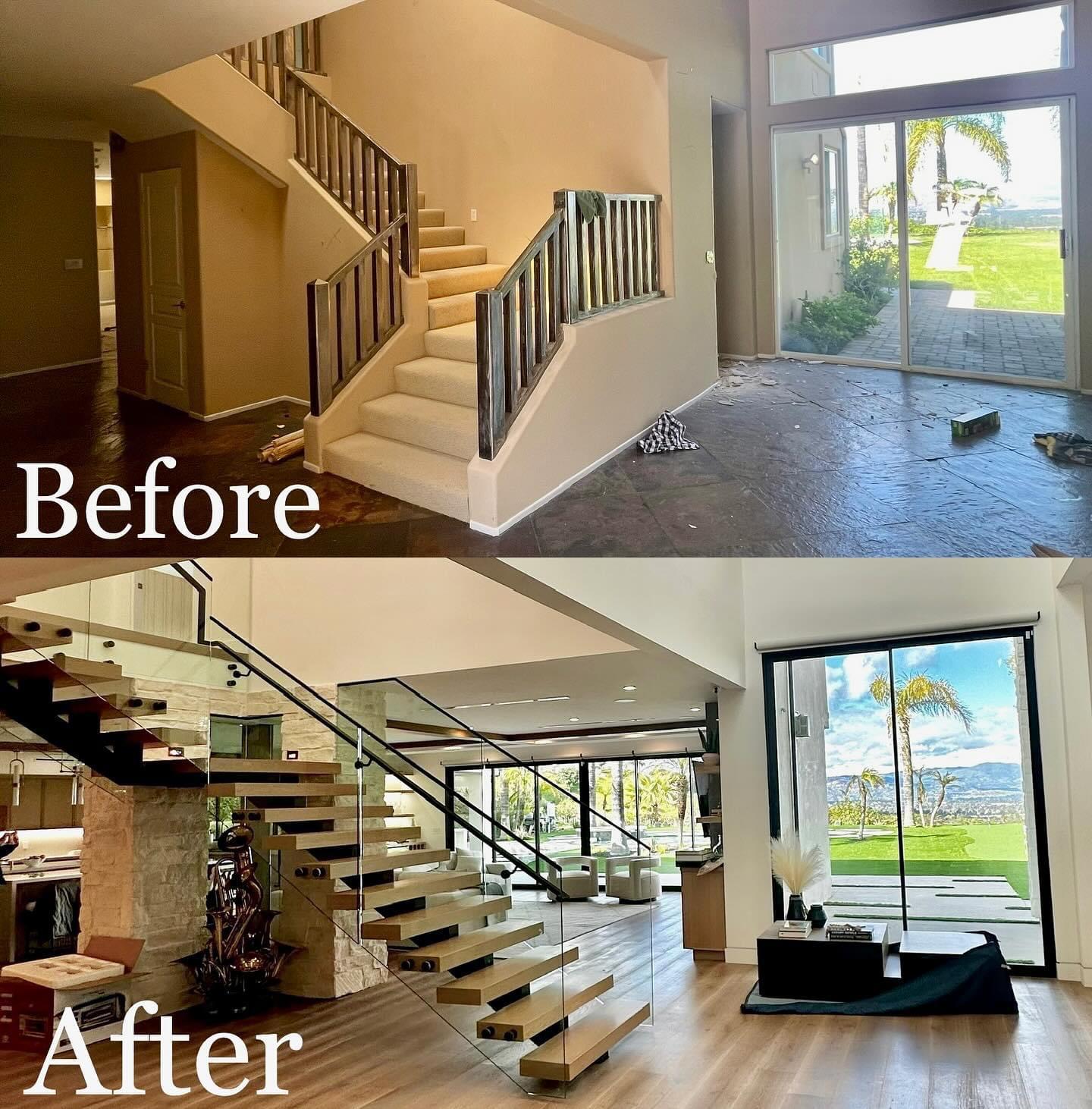 Before and after of a custom floating wood staircase with frameless glass railings and a stone feature wall in a Los Angeles luxury home remodel by Build & Beyond Remodeling