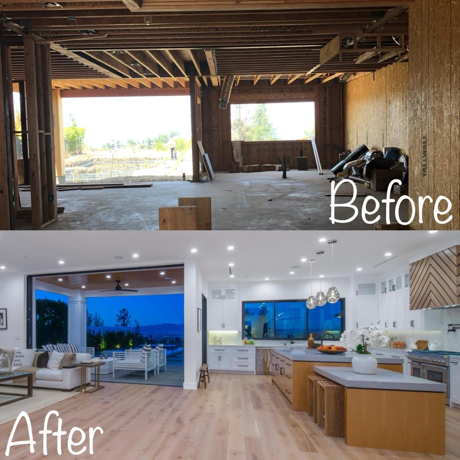 Before and after of an open-concept kitchen and great room remodel in Los Angeles with a large quartz island, white cabinetry, and sliding glass doors by Build & Beyond Remodeling
