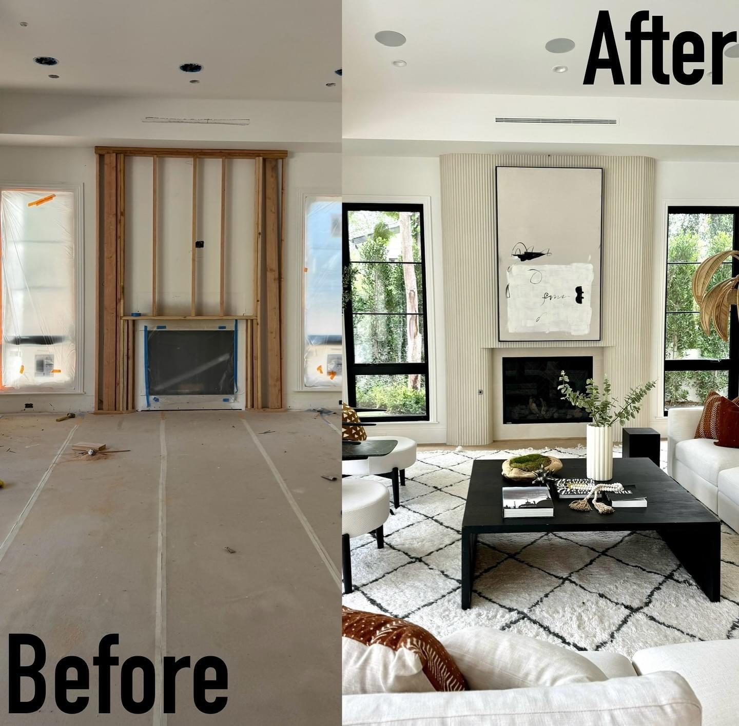 Before and after of a modern living room remodel in Los Angeles featuring a fluted plaster fireplace surround, black-framed windows, and designer furnishings by Build & Beyond Remodeling