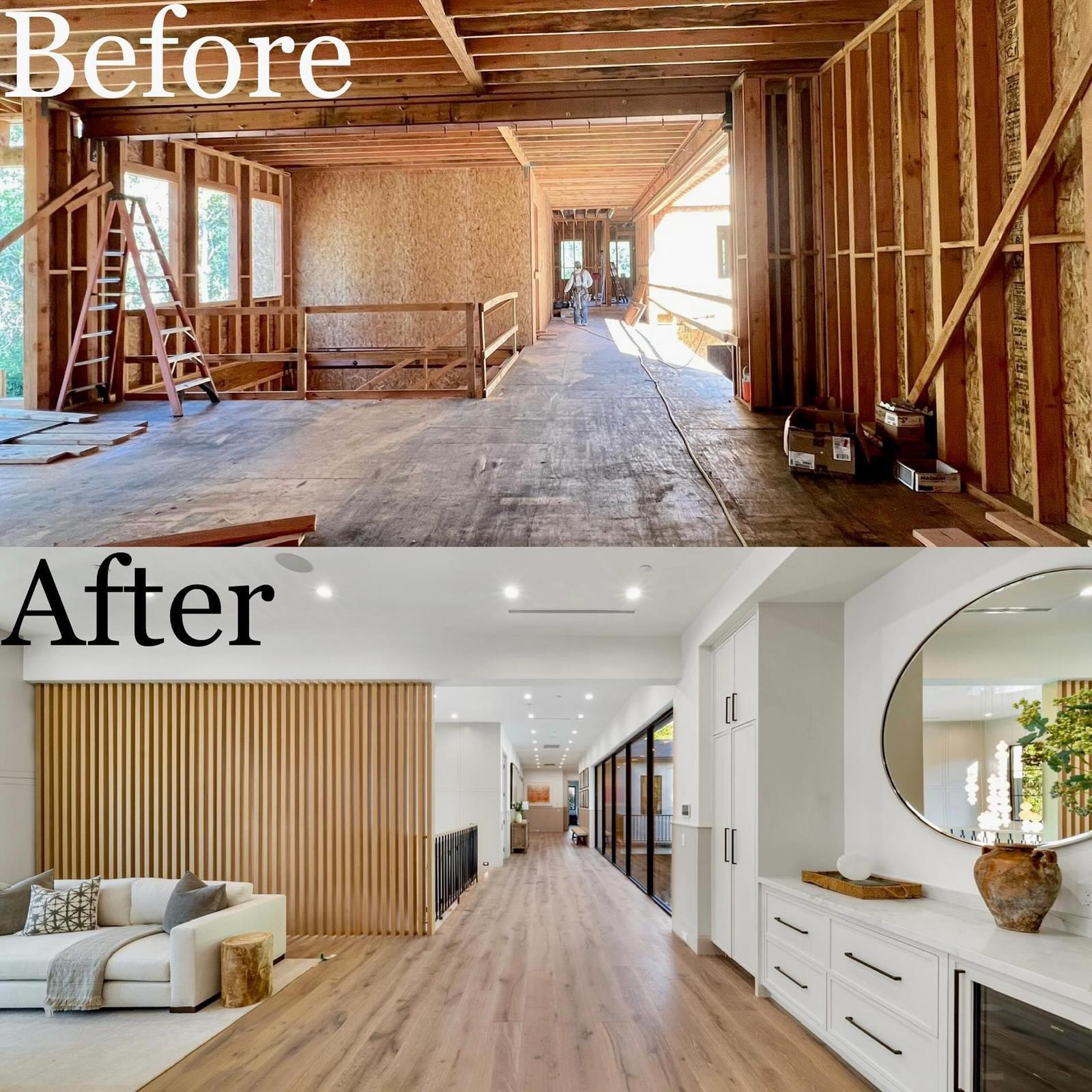 Before and after of a Los Angeles home hallway remodel with a vertical wood-slat feature wall, custom built-in cabinetry, and wide-plank flooring by Build & Beyond Remodeling